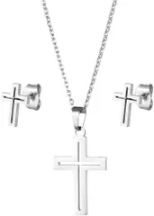 AREUM ネックレス ピアス セット 十字架 クロス 計3点 両耳ピアス 定番アクセサリー ペア メンズ レディース(steel)