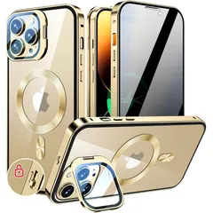 KELLCASE【カメラレンズ保護・スタンド+覗き見防止+MagSafe対応 】iPhone 14 Pro 用 ケース 全面保護 隠しスタンド付き ロック付き 両面 マグネット式 アイフォン14プロ カバー ストラップホール付き透明背面 メタルフレーム 磁 0