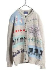 【お得なクーポン配布中!】 80s ウールリッチ 絵柄 デザイン ニット カーディガン レディース L 古着 ヴィンテージ 紺タグ 前開き ウール セーター 総柄 重ね着 丸首