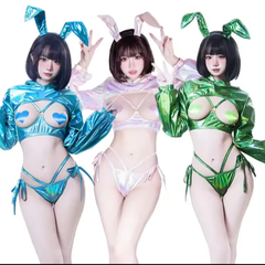 【新品】サイバー光沢きらきらバニーガール♥️ビキニ　コスプレ　セクシー　サンタ　衣装　イベント　パーティー　撮影会　コスチューム　可愛い　エロ彼女　ルームウェア　ハートニプレス付　ピンク　グリーン　ブルー　フリーサイズ　ハロウィン　バレンタインランジェリー
