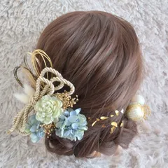 ヘッドドレス 髪飾り＊結婚式 成人式 卒業式 和装 打掛 振袖 袴~ソラローズ 和玉 ロープ 水引 金箔~ブルーグリーン 青 水色 15本