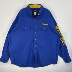 古着 80's～90's/80年代～90年代 ラングラー Wrangler 長袖シャツ ワークシャツ ボタンダウン 刺繍 ロゴ XXL  ブルー 無地 メンズ