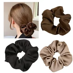 【数量限定】レディース エレガント 髪飾り シンプル 無地 ヘアアクセサリー サテンシュシュ 大きめ 3点セット【RAINY ボリューム 大人 シュシュおしゃれ LEMON】 ヘアゴム シュシュ