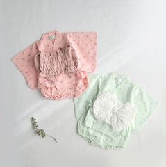 ベビー キッズ ゆかた ふわリボン セパレートゆかた さくらんぼ刺繍 80cm 90cm 100cm 110cm 浴衣 女の子 ピンク グリーン 夏まつり ふわふわ帯