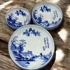 染付印判 古陶器 山水黄喜祥 3つ鉢セット 有31 希少 大正昭和 飾り鉢 インテリア 当時物 蔵出し