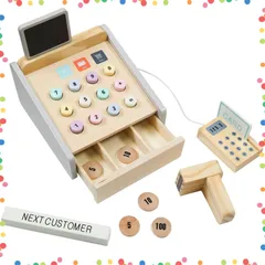 【特価セール】知育玩具 木のおもちゃ レジ 子供 食品衛生取得済 ごっこ遊び お店屋さん 幼児 おままごと 玩具 おもちゃ セット (01.ラッピングなし) レジスター 木製 [Rocotto]