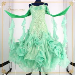 社交ダンス 衣装 スタンダード ドレス ワンピース レッスンウェア レディース オールシーズン prima boutique プリマブティック 黄緑 グリーン系 フロート シルバー系 エレガント フェミニン 花柄 レース 大きく広がる 二重スカート 伸縮性