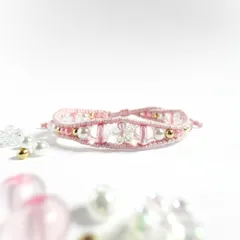 【キッズ】花ビーズとパールの一連ラップブレスレット　* 花咲く宝石 / コスモス *