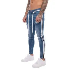 デニムパンツ ジーンズ メンズ 細め ストレッチ サイドライン スキニー ゴム紐 ダメージ加工 紳士用 ボトム 長ズボン 大人 カジュアル