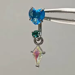 267：ボディピアス サーキュラーバーベル ハート ブルー グリーン オーロラ チャーム 2way かわいい きらきら フープピアス リングピアス ピアス ゆらゆら 揺れるピアス