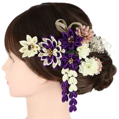 髪飾り 成人式 水引 つまみ細工 紫 ゴールド 振袖 前撮り 袴 花 ピンク ちりめん 組紐 さがり カスミソウ 7点セット 着物 和装 No.9-5503