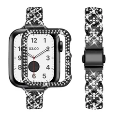 Wutwuk コンパチブル スリム キラキラ Apple Watch バンド 38mm 40mm 41mm 42mm 44mm 45mm、ケース付 ステンレス スチール製 交換ベルト ジュエリー メタル ブレスレット iWatch SE SE2 シリーズ9/8