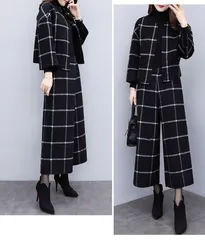 パンツスーツ セットアップ パンツドレス 上下セット 2点セット チェック柄 トップス ウール混 ガウチョパンツ ガウチョ ワイドパンツ スカーチョ ロング パンツ ジャケット アウター 秋 冬 レディース 長袖xiaokb08