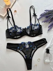 ブラジャー セクシーランジェリー 花柄刺繍 上下セット レース リボン 下着 レディース ブラジャー ショーツ セット 快適 柔らかい  勝負下着 ショーツセット 着痩せ 小胸 洗濯 背中 肉 ノーパット 盛れる 痩せて見える 女性  大きいサイズ 大きい 黒