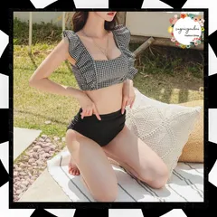 フリル ビキニ 盛れる 水着2点セット 韓国風 レディース セクシー水着 お洒落 ハイウエスト ショートパンツ 水着上下セット 大人可愛い セパレート水着 20代 30代 スイムウェアみずぎ 海水浴 ビスチェ水着 チェック柄 水着 黒 1RTENG-001