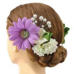 髪飾り 成人式 振袖 浴衣 卒業式 袴 結婚式 5点セット 紫 緑 白 花 和 洋 かんざし 手作り 簪 つまみ細工 ちりめんフォーマル 花飾り 玉飾り ブライダル W38 303-238 紫 緑 r737　Si