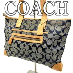 【美品】COACH　コーチ　トートバッグ　キャンバス　シグネチャー　肩掛け　ブルー　ベージュ　6082
