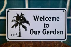 新品 Welcome to Our Garden メタルサイン 看板 パームツリー ヤシの木 カリフォルニアハウス インテリア 庭 ガーデン フェンス