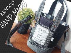 No.631【GrayDENIM✖️ひょうたんキルト モノトーン 丸底バケツ型BAG💚】👖デニムリメイクトートバッグ❇️両面可愛い❤️🎵