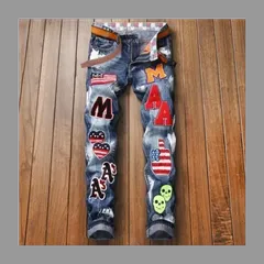 メンズ ジーンズ デニムパンツ Mサイズ USED加工 ロング スキニーパンツ 刺繍 柄物 スリム ストリート Ｗ33