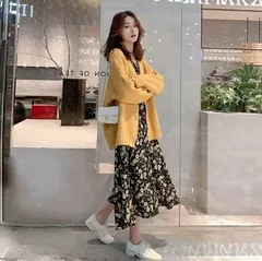 トップス ワンピース セットアップ デート カーディガン 上着 フレアワンピース ワンピドレス 膝下 ミモレ ミモレ丈 ロング ロング丈 ミディアム丈 袖あり 長袖 ボリューム袖 フレアスリーブ Vネック 襟なし フレア セミフレア 細身 ストレート Aライン