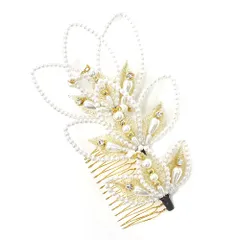 髪飾り コーム型 ラインストーン パール ゴールド 白 下がり ゆらゆら キラキラ ラメ リーフ 葉 小さい かんざし かわいい 粋 No.9-3432
