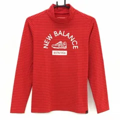 【美品】ニューバランスゴルフ 長袖ハイネックシャツ レッド×白 スニーカーワッペン  レディース 2(L) ゴルフウェア New Balance