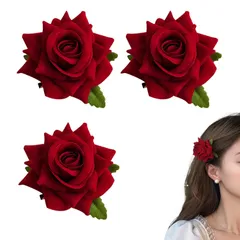 【即日発送】花髪飾り 大きな花のブローチ 花嫁 バラの花【3本セット】薔薇フラワーコサージュ ヘッドドレス 結婚式 花 Doyime ブライダル ヘッドドレス ダークレッド