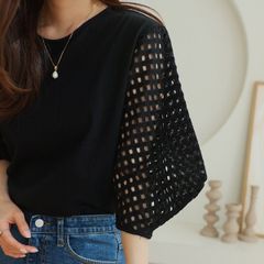 インポート新品！メッシュバルーンスリーブトップス黒メッシュトップスボリュームスリーブメッシュTシャツ