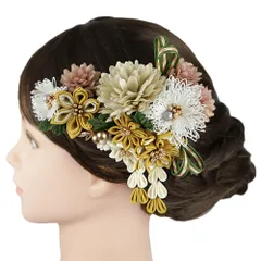 髪飾り 成人式 振袖 2点セット黄色 からし色 ピンク ベージュ 白 緑 ゴールド つまみ細工 剣つまみ 組紐 さがり 水引 和柄 ビ No.9-5408