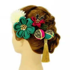 髪飾り 成人式 つまみ細工 赤 振袖 前撮り 袴 浴衣 夏祭り 花火大会 豪華5点セット 緑 ピンク 白 ゴールド 玉飾り 房付き ちり No.9-3532