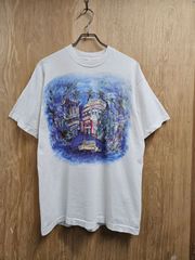 【US古着】90s NEW ORINS FRENCH QUARTER T-Shirt | 90年代タグ ニューオリンズ フレンチクォーター 街並みイラスト アート プリント シングルステッチ 半袖 Tシャツ ホワイト L