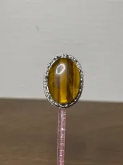 天然石　イエローブルータイガーアイ　金属パーツ　真鍮製パーツ サイズ大きめ １個(1-1)