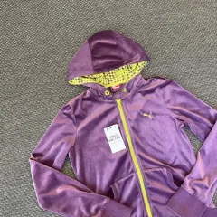 PUMA(プーマ) バイオレット 蛍光イエロー ベロア ベルーア ジップアップパーカー フード付き