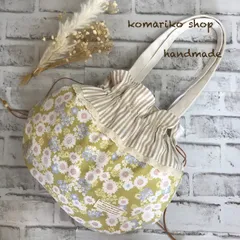 巾着トートバッグ　ハンドメイドꕤ︎︎モスグリーン花柄＆ストライプ