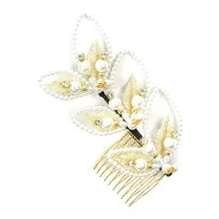 髪飾り コーム型 ラインストーン パール ゴールド 白 キラキラ ラメ リーフ 葉 小さい かんざし かわいい 粋 日本製 おしゃれ No.9-3389