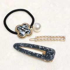 【3点】新品ブラック&ゴールドヘアアクセサリーまとめ売りヘアゴムヘアピン韓国