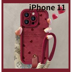【SHOPS W】iPhone11 スマホケース 赤 ラムスキン風 ストラップ付き ハート かわいい E034