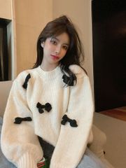 ニット セーター レディース 長袖 秋冬 リボン 可愛い オルチャン 韓国