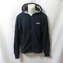 古着 メンズL adidas/アディダス スウェットパーカー ジップ フード スポーツ カジュアル ネイビー/ホワイト E19723 fg4599