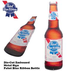 ダイカット エンボス メタルサイン Pabst Glass Blue Ribbon Bottle【パブストビール 看板】