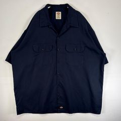 古着 ディッキーズ Dickies 半袖シャツ ワーク 作業着 フラップポケ 大きいサイズ ワンポイント ロゴ 2XL  ネイビー 無地 メンズ