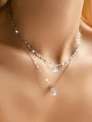 ジュエリー レディース ネックレス レイヤード 1個 スター&ムーンのダブルレイヤーネックレス、女性用、新しいファッション、エレガントでシンプル、コラーボーンチェーンにも合う