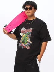 VISION STREET WEAR ヴィジョンストリートウェア 半袖 Tシャツ 大きいサイズ メンズ アメコミ ダイナソー プリント クルーネック トップス ブラック