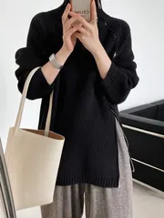ニットセーター レディース 秋 冬 ニット セーター ハイネック ジップアップ サイドスリット 柔らかい トップス ゆったり 無地 体型カバー ダブルジップ ゆるシルエット リブニット カジュアル 通勤 キレイめ オシャレ PDf5391
