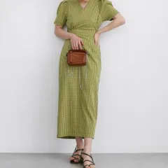 オリーブグリーン ギンガムチェック VネックマキシワンピースCara FREE STYLISTS ワンピース Vネック ギンガムチェックマキシ丈