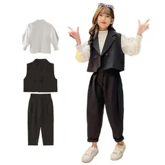 【新品】 [COCOMIYA] 卒業式 入学式 スーツ 女の子 子供 パンツスーツ 大きいサイズ ゆったり 小学生 ジュニア 子供服 セットアップ フォーマル スーツ ベスト パンツ 発表会 結婚式 ブラック 黒 140 150 160 (JP, 身長, 1