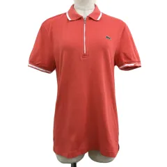 ラコステ LACOSTE ポロシャツ プルオーバー ハーフジップ ロゴ ワッペン ライン 半袖 3 ピンク 白 ホワイト
