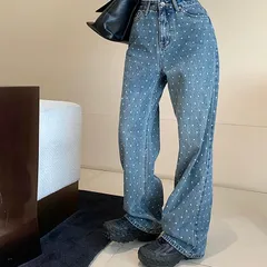 デニム ワイドレッグ パンツ レディース ジーンズ デニムパンツ ワイドパンツ ボトムス ドット柄 ユニセックス 男女兼用 メンズ 女性 男性 ゆったり シンプル きれいめ カジュアル 韓国ファッション suyinman01