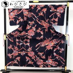 夏着物 浴衣 花模様 ろうけつ染 紫紺色 しつけ糸 K-5031